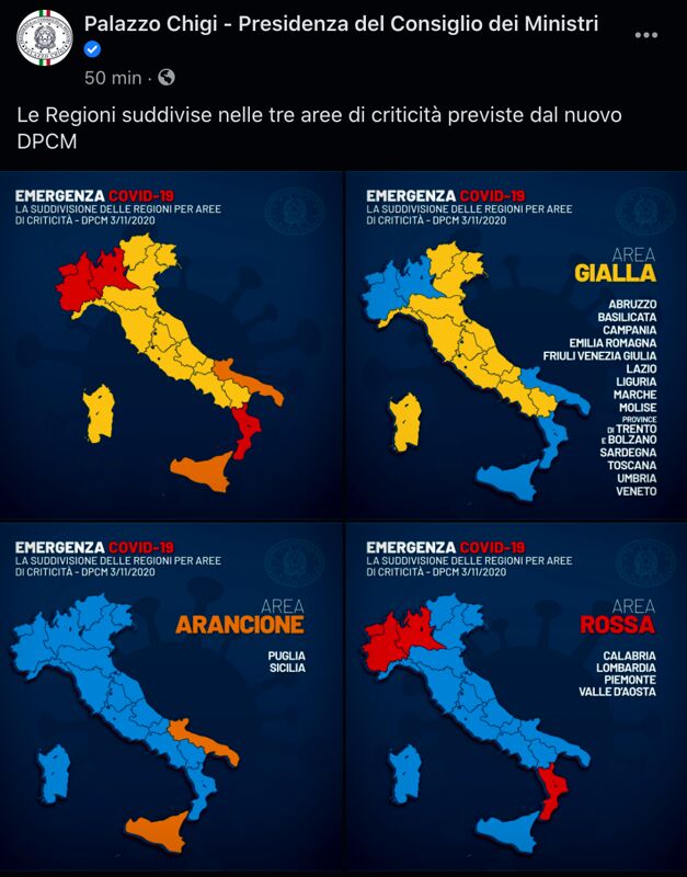 Italia divisa dai colori dal 6 novembre 2020