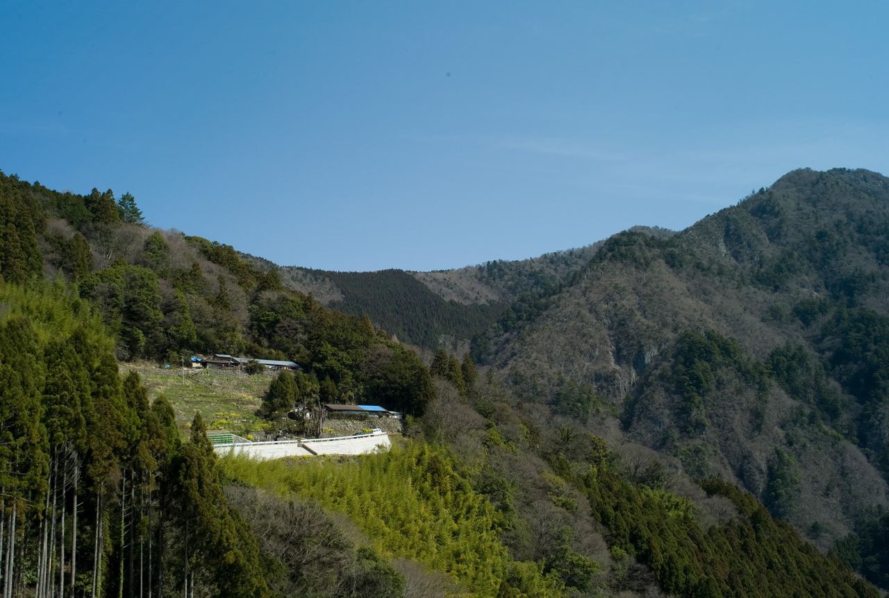 Asentamiento Nakao, en Monobe (ciudad de Kami, prefectura de Kōchi), visitado alrededor de 2009. Tres casas se alzaban en la ladera de la montaña. © Takaaki Yagisawa 2024
